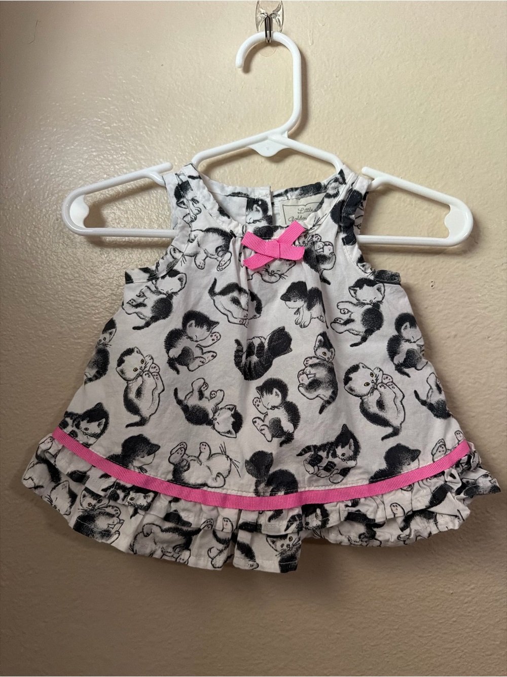 Little golden book moments Cute Kitten Print Baby Dress with Pink Trim